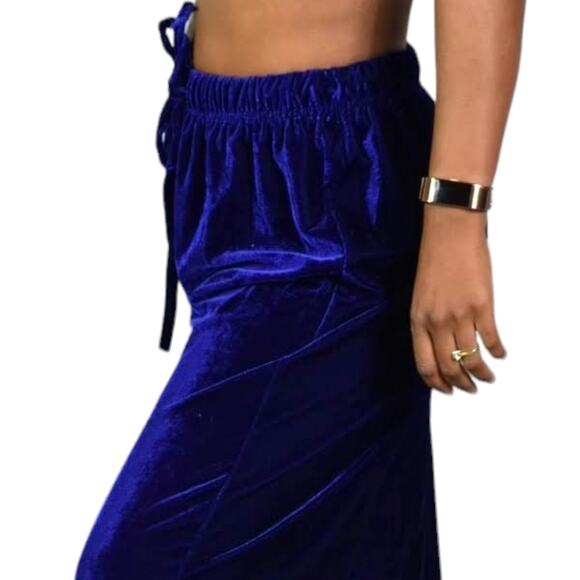 Vintage Velvet Pants Blue Cobalt Drawstring Pajama Lounge Straight Leg 70s Small - Picture 5 of 12